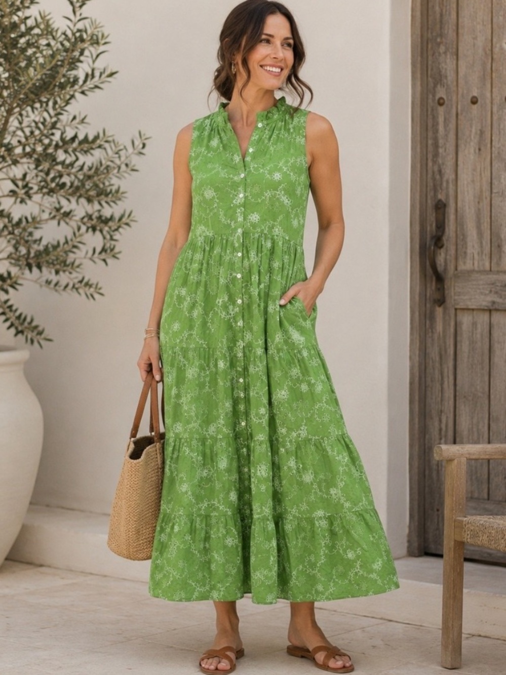 J. Jill Green Eyelet Floral Ruffle Hem Maxi Dress Size 3X 100% Cotton